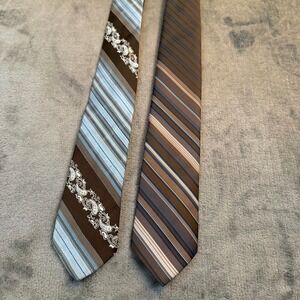 De Laurentis Bergere Striped Paisley Necktie Mens One Size Brown Blue Lot of 2
